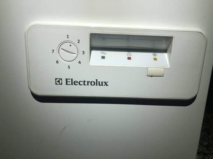 Vit Electrolux tvättmaskinspanel med vred, symboler och varningslampor.