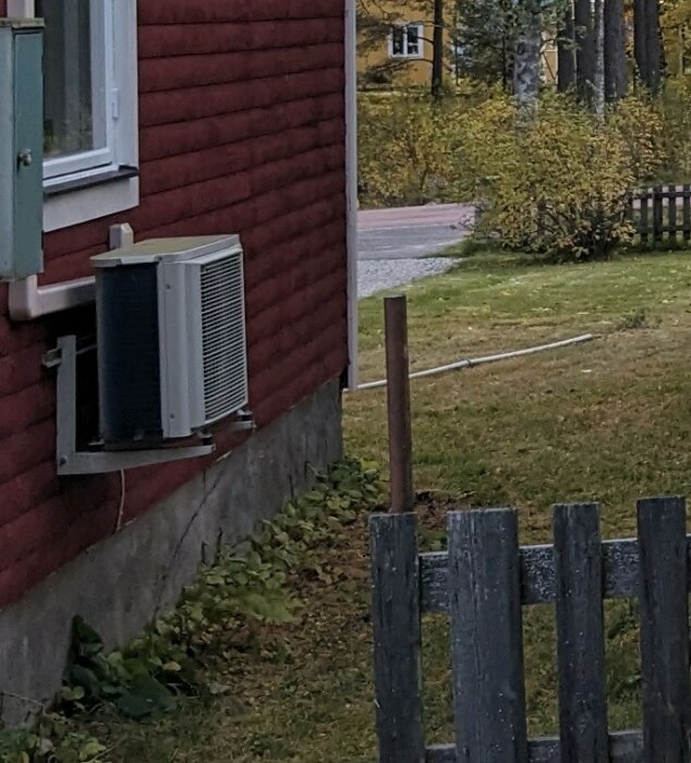 Typiskt svenskt rött trähus med värmepump, grått staket, gräsmatta, omgivet av grönska och grusväg i bakgrunden.