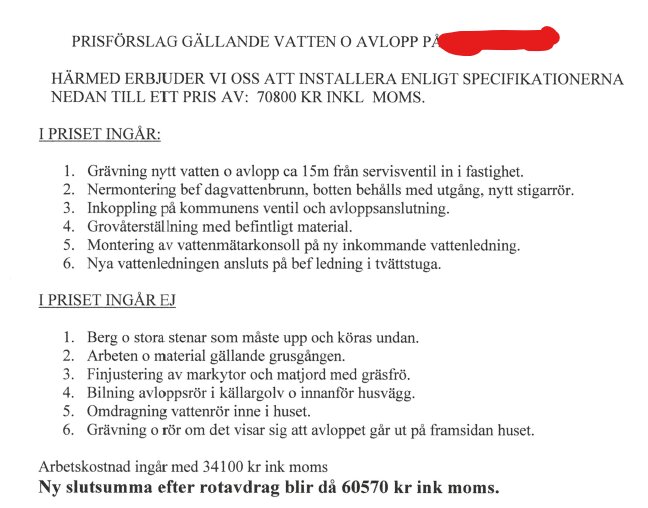 Offert för installation av vatten och avlopp, inkluderar priser och villkor, exkluderar vissa arbeten och material.