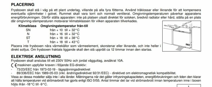 Installation av fryslåda: placering, klimatklasser, avståndskrav, elektrisk anslutning och EU-direktiv. Swedish text, diagram included.