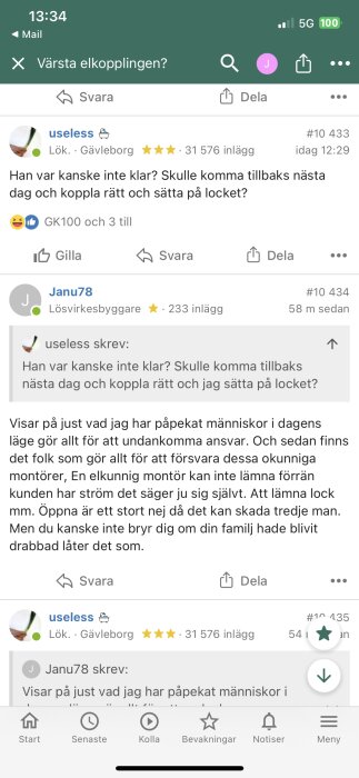 Skärmdump av forumdiskussion om elektriska installationer och ansvar. Användarnamn och inlägg är synliga.