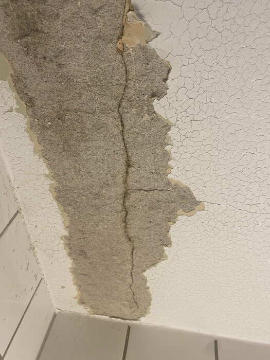 Skadad vägg med avflagande vitmålad yta som avslöjar underliggande grått material. Cracka och åldringstecken synliga.