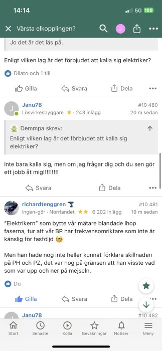 Skärmbild av online-forumdiskussion om elektriker med olika inlägg och användarkommentarer.