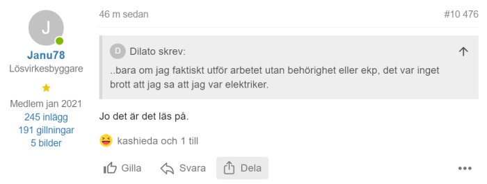 Ett foruminlägg där en användare diskuterar behörighetskriterier för elektriska arbeten, med profilinformation synlig.