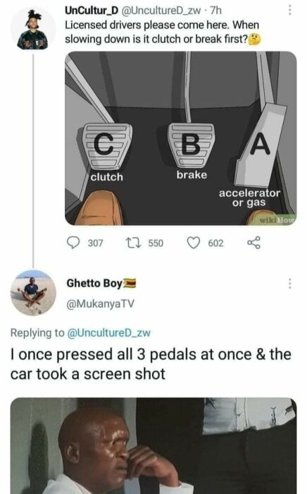 Skämtsam social media-post som visar förvirring om bilpedaler och en humoristisk överdriven reaktion på att använda alla samtidigt.