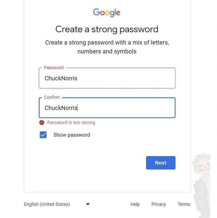 Humoristisk skärmavbildning av lösenordsuppsättning; "ChuckNorris" inskrivet, felmeddelande "Password is too strong".
