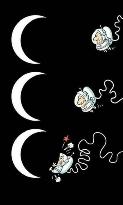 Astronaut svävar runt mönstrade månar som liknar bananer, snubblar, faller. Humoristisk, surrealistisk, rymdteman.
