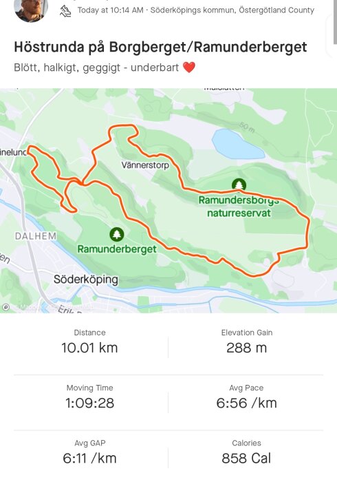 Kartöversikt som visar en löprunda på 10.01 km, varaktighet 1:09:28, i Ramunderberget naturreservat, Sverige.