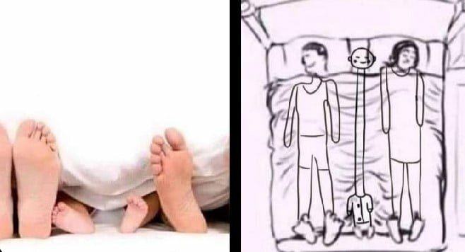 Två bilder: fötter som sticker ut ur täcket, humoristiskt ritad förklaring på hundens plats i sängen.