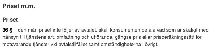 Svensk text om pris i avtal, paragraf 36, konsumentlagen, skäligt pris vid avvikelse.