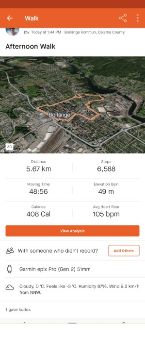 Aktivitetsappskärmdump, eftermiddagspromenad, 5,67 km, Borlänge, molnigt väder, kaloriförbrukning och rörelsetid noterade.