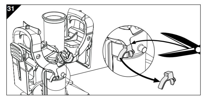 Illustration av monteringsinstruktion, delar som sätts ihop, förstoring visar detalj, siffra 31, teknisk ritning.