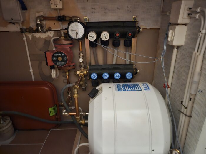 Uppvärmningssystem med panna, cirkulationspump, rör, mätare och filter i ett tekniskt utrymme.