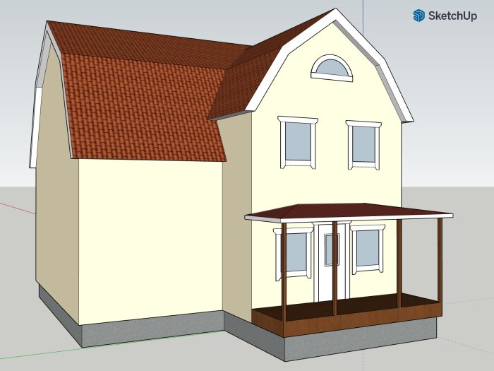 3D-modell av ett hus med två våningar, tegeltak och en veranda, skapat i SketchUp.