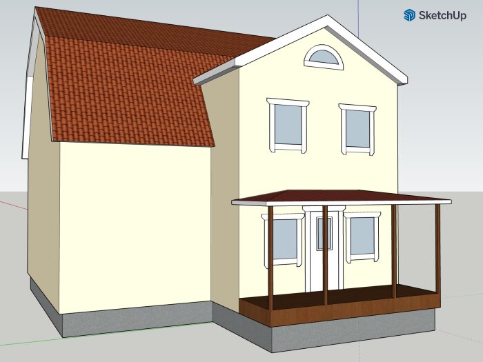 3D-modellerat hus i SketchUp med rött tak, vita fönster, ytterdörr och veranda.