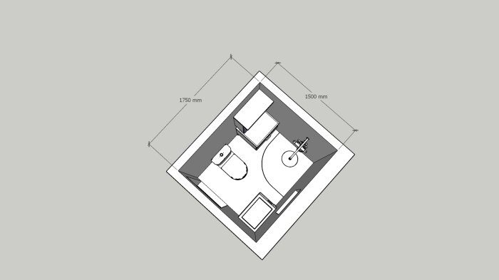 3D-planritning av ett litet badrum med mått, innehåller dusch, toalett och handfat.