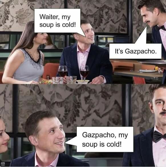 Serie med bilder: Gäst och servitör samtalar om kall soppa, missförstånd om gazpacho. Humoristisk.