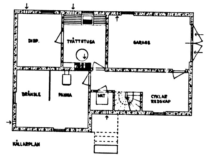 Schematisk ritning av en villa med garage, vardagsrum, kök, tvättstuga och utrymmen för cyklar och redskap.