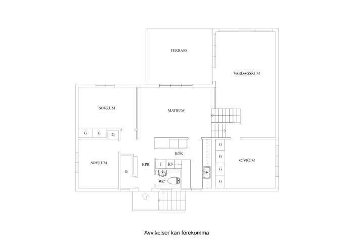 Svartvit ritning av en lägenhetsplan med terass, vardagsrum, kök, flera sovrum och matrum.