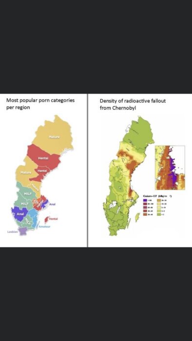 Två kartor: populära kategorier på en pornografisajt per region, radioaktivitet från Tjernobyl. Jämförande, möjligt humoristiskt syfte.