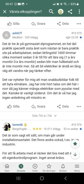 Skärmdump av diskussionsforum, inlägg om elektrikerutbildning och arbete, användargränssnitt för mobilapp.