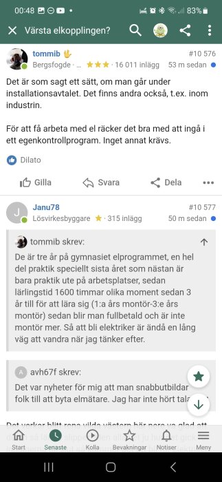 Skärmdump av en diskussionstråd på ett webbforum om elektrikerutbildning och arbete med elinstallationer.