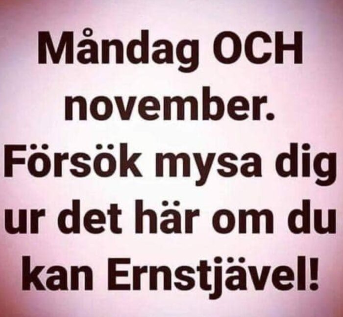 Humoristisk text; måndag, november, mysa, svårighet, "Ernstjävel" som skämtsamt tillmäle. Rosa bakgrund.