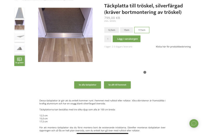 Webbsida visar täckplatta till tröskel, olika storlekar, prissättning, inköpsalternativ och installationsinstruktioner.