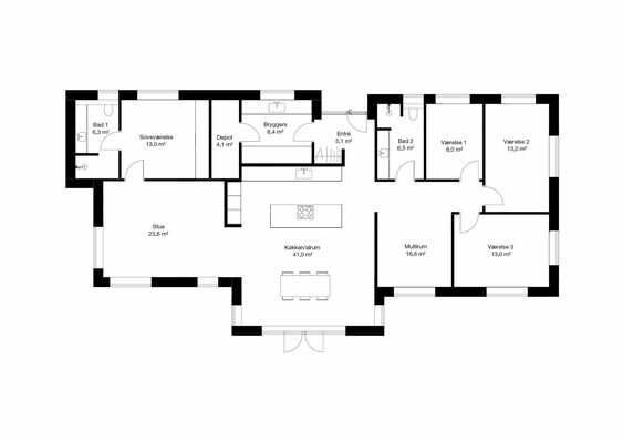 Arkitektonisk planritning av en bostad med etiketterade rum, inklusive sovrum, badrum, kök och vardagsrum.