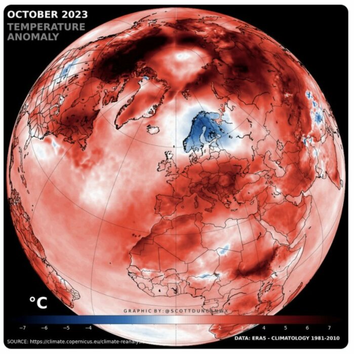 Världskarta som visar temperaturavvikelse i oktober 2023, röda toner indikerar högre än normala temperaturer.