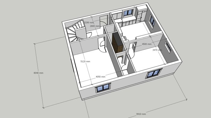 3D-ritning av ett rumsligt hus med måttangivelser, fönster och möbelplacering.