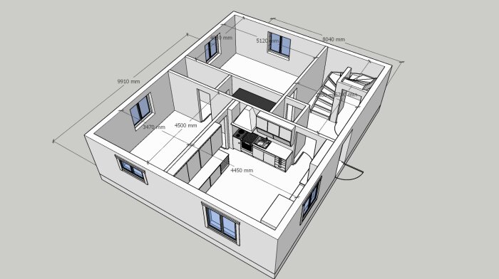 3D-modell av husplan med måttangivelser, kök, vardagsrum, sovrum, trappor, fönster och dörrar.