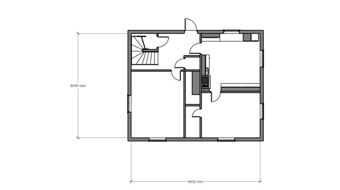 Arkitektonisk ritning av en lägenhetsplan, innehåller mått, väggar, fönster och möbler.