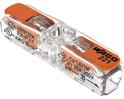 Transparent WAGO 221 seriens elektrisk skarvklämma med orange spakar för anslutning av ledningar.