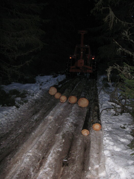 Skogsmaskin i snötäckt skog, mörker, arbetar med avverkade trädstockar på marken.