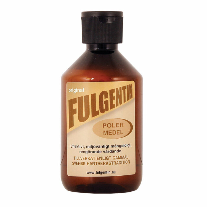 Brun flaska med etikett "Fulgentin", polermedel, miljövänligt, svensk hantverkstradition, effektivt, mångsidigt, vårdande.