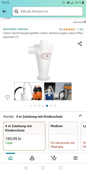 Amazon.se produktsida för en vit cyklon dammutsugningsfilter, kompatibel med dammsugare, visas på en mobilskärm.