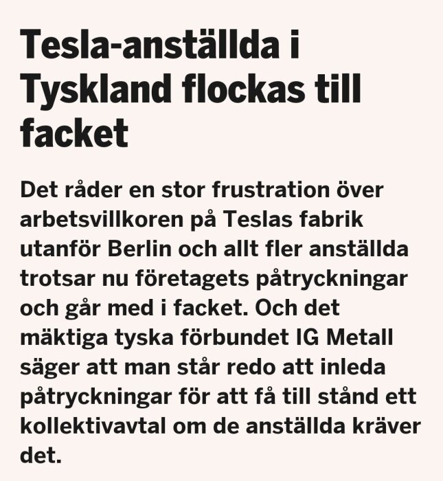 Svart text på vit bakgrund, rubrik och brödtext angående Tesla-anställdas fackliga rörelse i Tyskland.