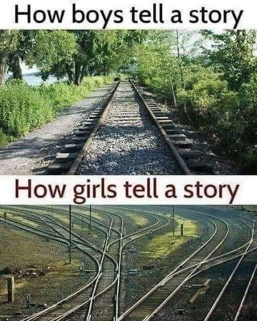 Meme som jämför berättarstilar: enkelt spår för pojkar, komplicerat järnvägsspår för flickor.