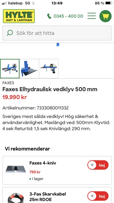 Skärmavbild av webbutik med hydraulisk vedklyv. Information om pris, artikelnummer och specifikationer visas.