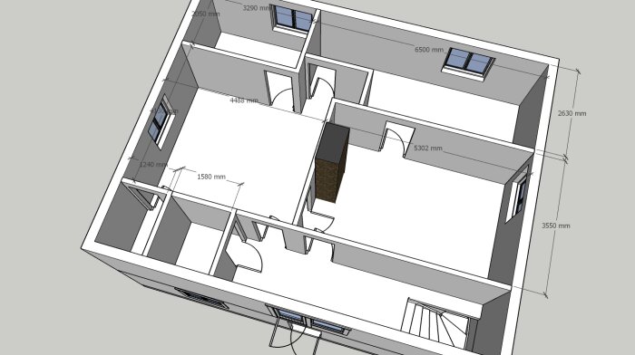 3D-ritning av en planlösning för en byggnad, inklusive måttangivelser och rumsuppdelningar.