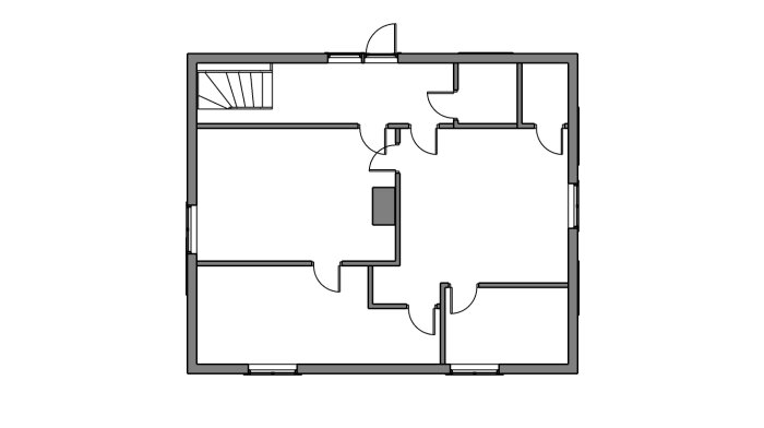 Arkitektonisk ritning av en enplanslägenhet; innehåller rum, dörrar, och möjliga möbleringsobjekt.