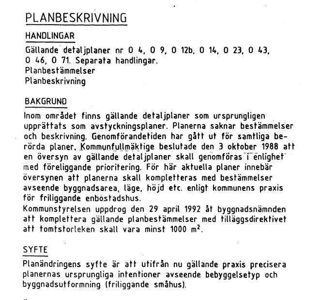 Svensk text, planbeskrivning, handlingar, bakgrund, syfte, detaljplaner, byggnadsnämnden, minsta tomtstorlek 1000 m².
