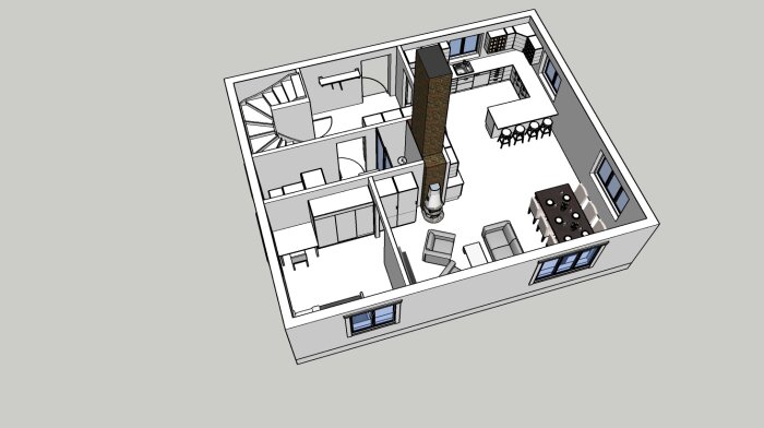 3D-modell av lägenhet, isometrisk vy, möblerad, en person delvis synlig.