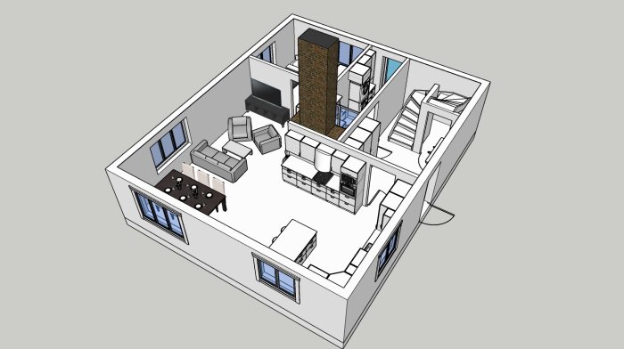 3D-visualisering av en modern interiördesign med vardagsrum, kök, matsal och trappa.