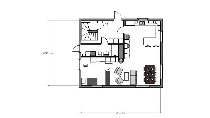 Arkitektonisk ritning av lägenhetsplan med möbler, måttangivelser, vardagsrum, kök, trappa och sovrum.