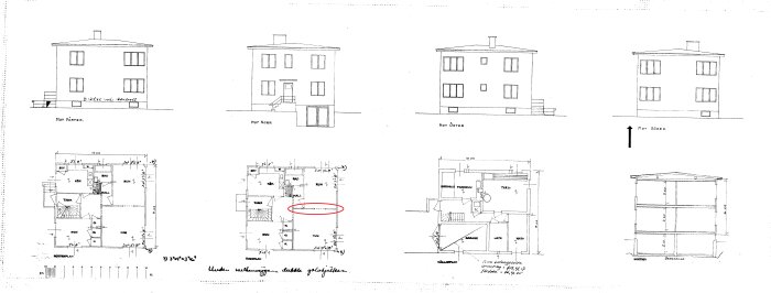 Arkitektritningar av ett hus: fasader, planlösningar och sektion. Väderstreck och mått anges. Röd markering på en ritning.