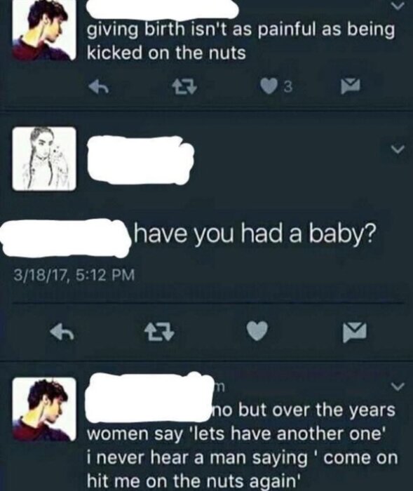 Skärmdump av sociala medier konversation som jämför smärtan vid att föda och att bli sparkad.