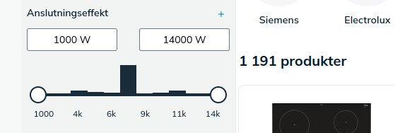 Filtreringsverktyg för produkturval baserat på anslutningseffekt; visar spann mellan 1000 W och 14000 W.