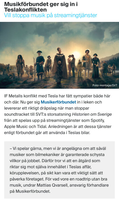 Historiskt klädda figurer, blandad tidsålder, framträder inför dramatisk himmel, samtida text om musik och teknik-konflikt.